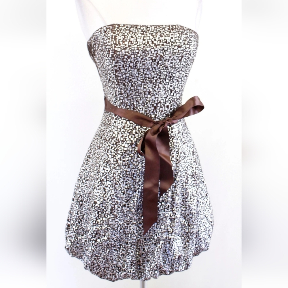 Vintage Y2K Cache Metallic Brown & Silver Strapless Bubble Dress Size 8
